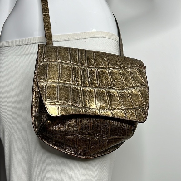 Carlos Falchi Structured Crossbody Goldtone Pewter Croc Embossed Leather Bag - Picture 2 of 15